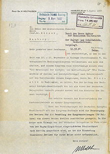 Holthusen v. 5.4.1937 an Dekan der Medizinischen Fakultät (Teilnahme am Internationalen Radiologenkongress in Chicago 